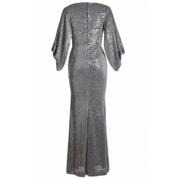 Gray Sequin Butterfly Sleeve Floor Length Party Gown